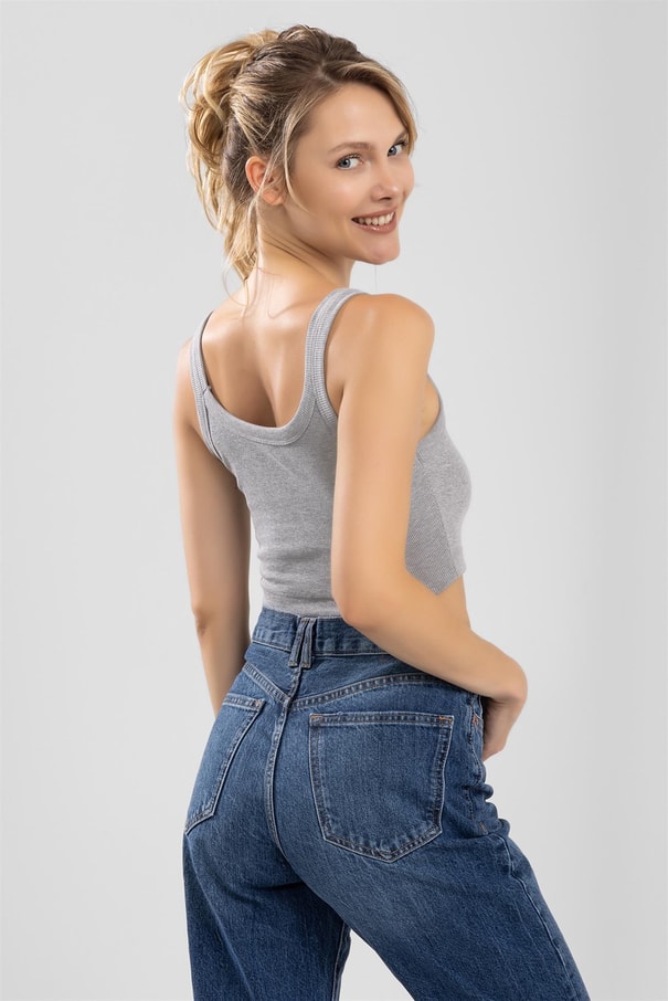 Kadın Oval Yaka Kalın Askılı Kaşkorse Crop Büstiyer Gri