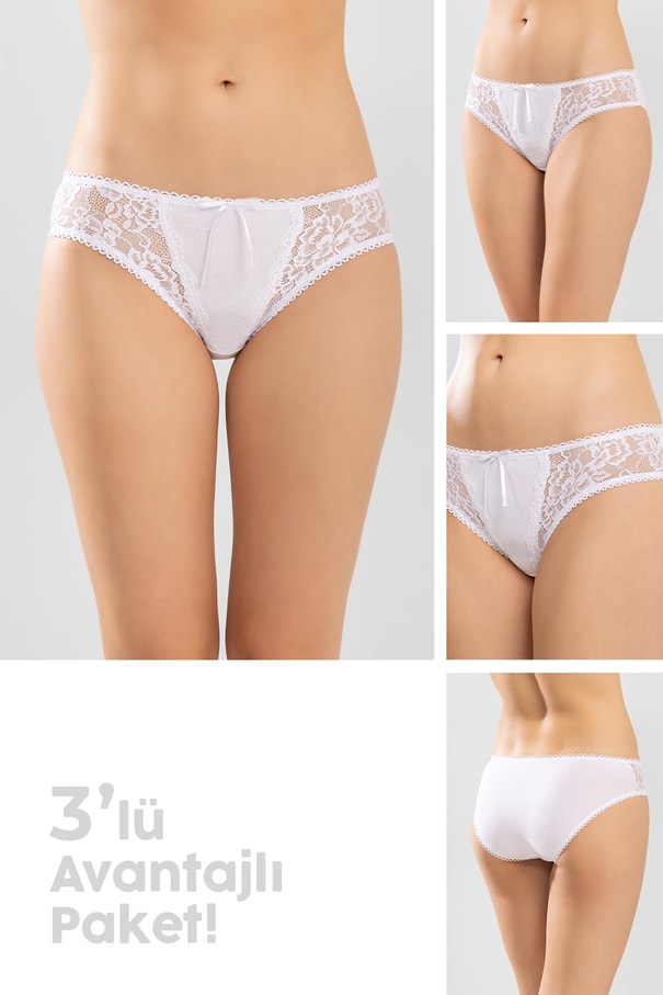 Kadın Pamuklu Bikini Kesim Dantelli Külot 3'lü Paket Beyaz