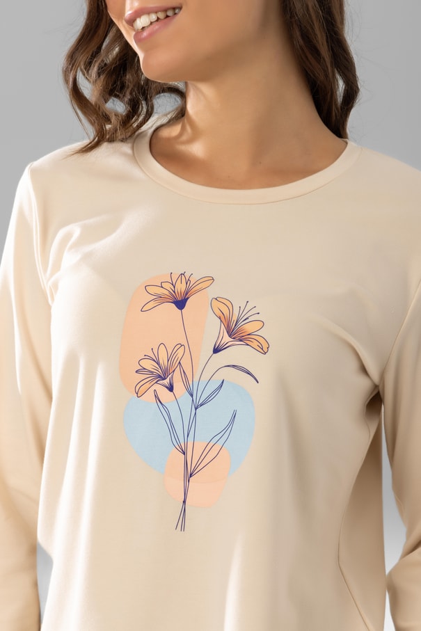 Kadın Pamuklu Bisiklet Yaka Çiçek Baskılı Uzun Kollu Pijama Takımı 9924 Krem