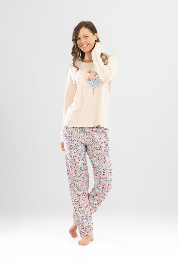 Kadın Pamuklu Bisiklet Yaka Çiçek Baskılı Uzun Kollu Pijama Takımı 9924 Krem