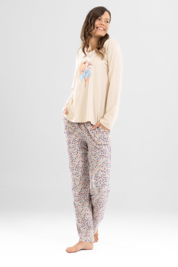 Kadın Pamuklu Bisiklet Yaka Çiçek Baskılı Uzun Kollu Pijama Takımı 9924 Krem
