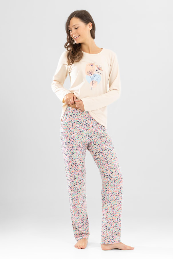 Kadın Pamuklu Bisiklet Yaka Çiçek Baskılı Uzun Kollu Pijama Takımı 9924 Krem