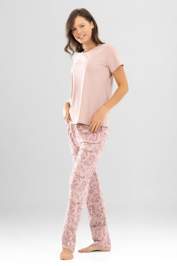 Kadın Pamuklu Bisiklet Yaka Otantik Desenli Kısa Kollu Pijama Takımı 9921 Pudra