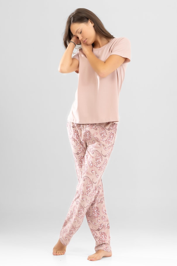 Kadın Pamuklu Bisiklet Yaka Otantik Desenli Kısa Kollu Pijama Takımı 9921 Pudra