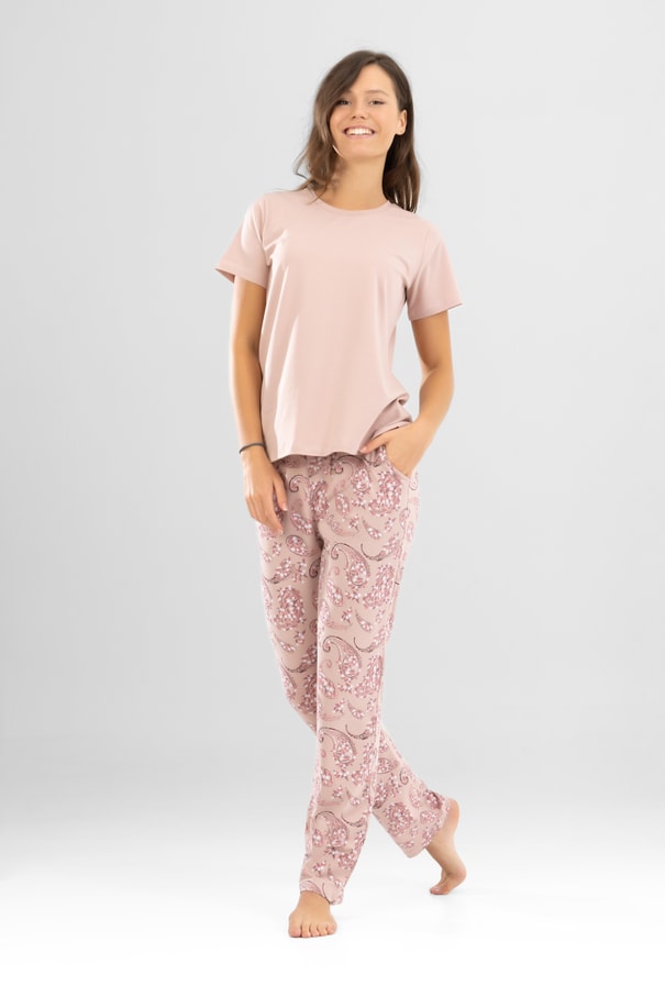 Kadın Pamuklu Bisiklet Yaka Otantik Desenli Kısa Kollu Pijama Takımı 9921 Pudra