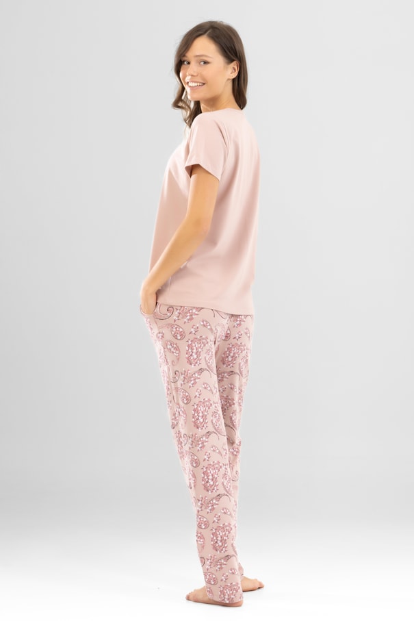 Kadın Pamuklu Bisiklet Yaka Otantik Desenli Kısa Kollu Pijama Takımı 9921 Pudra