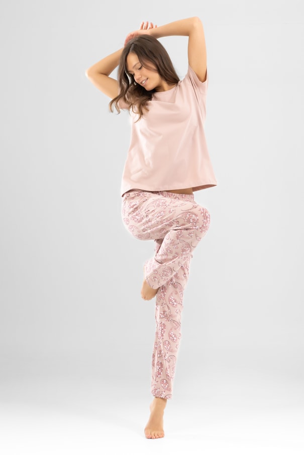 Kadın Pamuklu Bisiklet Yaka Otantik Desenli Kısa Kollu Pijama Takımı 9921 Pudra