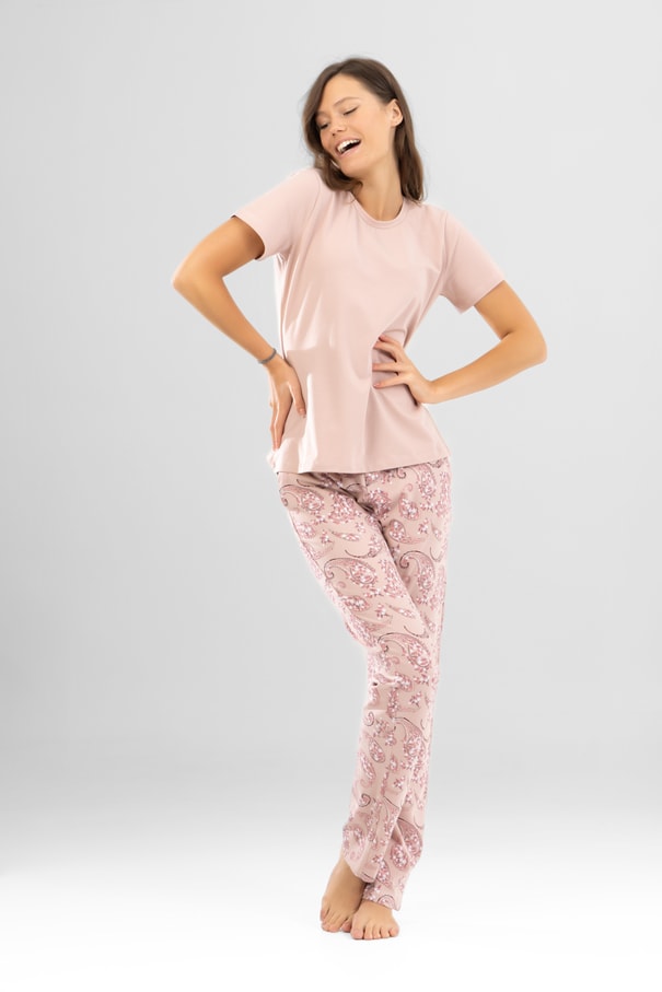 Kadın Pamuklu Bisiklet Yaka Otantik Desenli Kısa Kollu Pijama Takımı 9921 Pudra