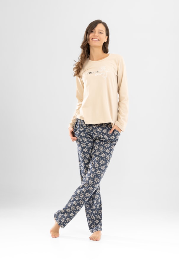 Kadın Pamuklu Bisiklet Yaka Time to Blossom Baskılı Uzun Kollu Pijama Takımı 9922 BEJ
