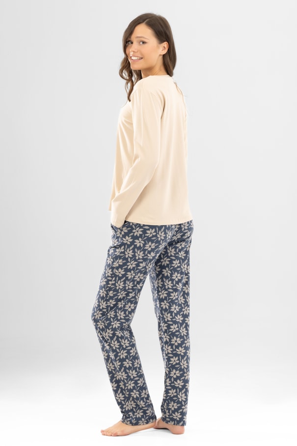 Kadın Pamuklu Bisiklet Yaka Time to Blossom Baskılı Uzun Kollu Pijama Takımı 9922 BEJ