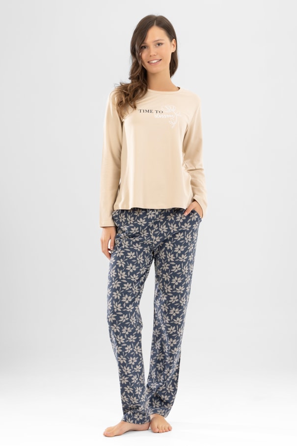 Kadın Pamuklu Bisiklet Yaka Time to Blossom Baskılı Uzun Kollu Pijama Takımı 9922 BEJ