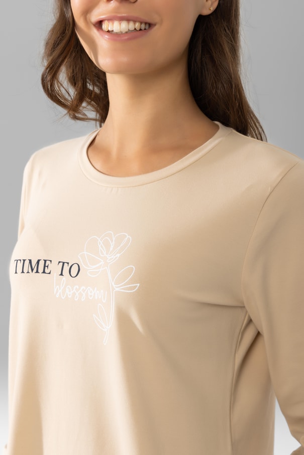 Kadın Pamuklu Bisiklet Yaka Time to Blossom Baskılı Uzun Kollu Pijama Takımı 9922 BEJ