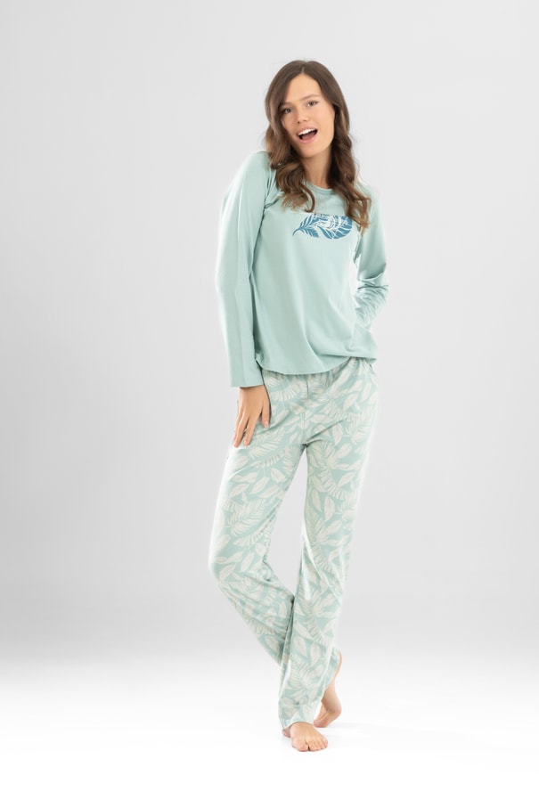 Kadın Pamuklu Bisiklet Yaka Yaprak Baskılı Uzun Kollu Pijama Takımı 9923 Su Yeşili
