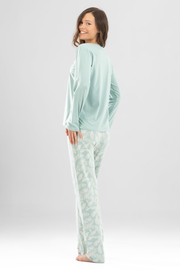 Kadın Pamuklu Bisiklet Yaka Yaprak Baskılı Uzun Kollu Pijama Takımı 9923 Su Yeşili