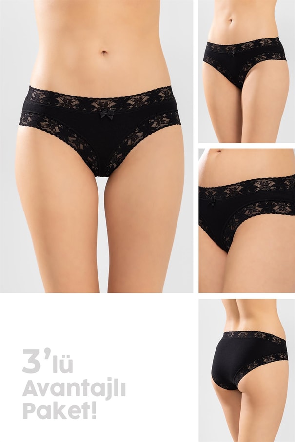 Kadın Pamuklu Dantelli Bikini Kesim Düz Külot 3'lü Paket Siyah