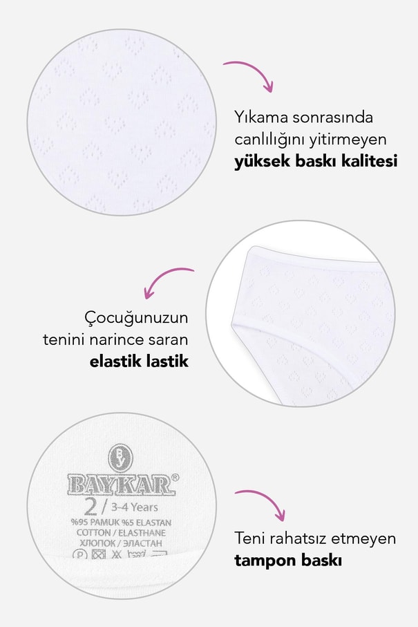 Kız Çocuk Beyaz Pamuklu Transfer Ribanalı Basic Külot 3lü Paket 5062 Beyaz
