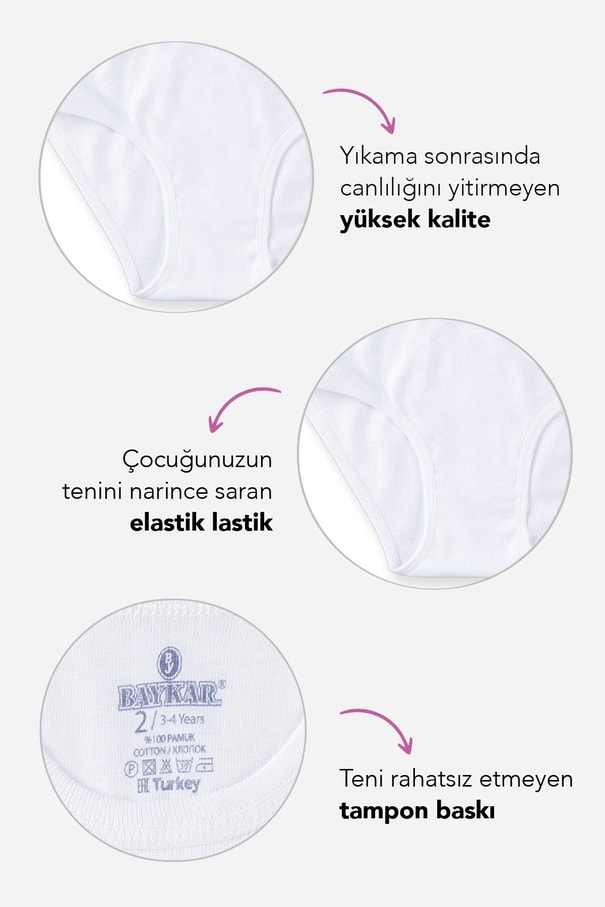 Kız Çocuk Organik Pamuklu Bikini Kesim Düz Basic Ribana Külot 6'lı Paket 5201 Beyaz