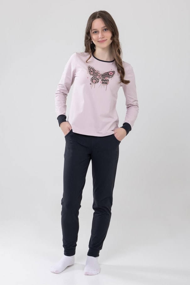 Kız Çocuk Pamuklu Baskılı Bisiklet Yaka Uzun Kollu Manşetli Pijama Takımı 9238-1 Açık Lila