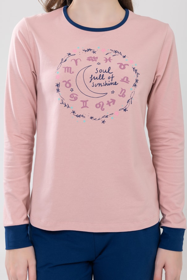 Kız Çocuk Pamuklu Baskılı Bisiklet Yaka Uzun Kollu Manşetli Pijama Takımı 9237 Gül kurusu
