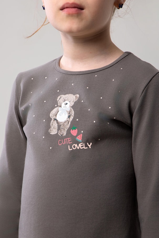 Kız Çocuk Pamuklu Bisiklet Yaka Ayıcık Baskılı Uzun Kollu Pijama Takımı 9251 Füme