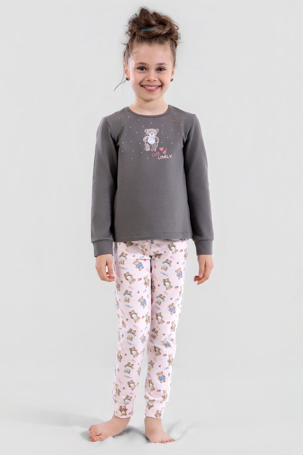 Kız Çocuk Pamuklu Bisiklet Yaka Ayıcık Baskılı Uzun Kollu Pijama Takımı 9251 Füme