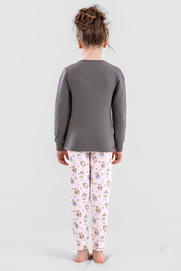 Kız Çocuk Pamuklu Bisiklet Yaka Ayıcık Baskılı Uzun Kollu Pijama Takımı 9251 Füme