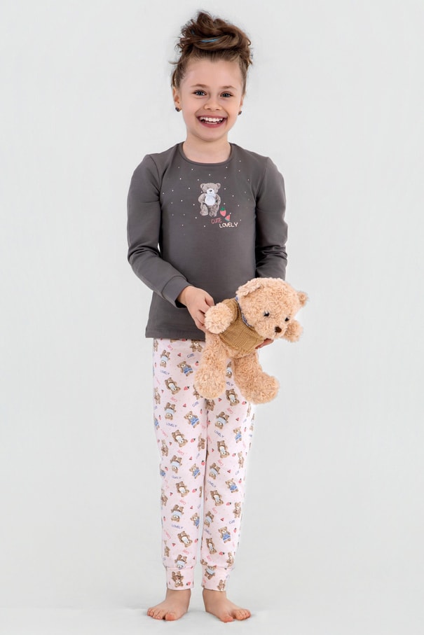 Kız Çocuk Pamuklu Bisiklet Yaka Ayıcık Baskılı Uzun Kollu Pijama Takımı 9251 Füme