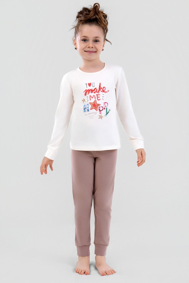 Kız Çocuk Pamuklu Bisiklet Yaka Happy Baskılı Uzun Kollu Pijama Takımı 9249 VIZON