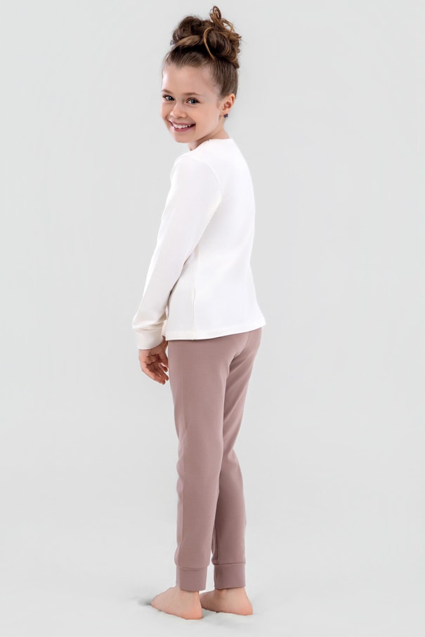 Kız Çocuk Pamuklu Bisiklet Yaka Happy Baskılı Uzun Kollu Pijama Takımı 9249 VIZON