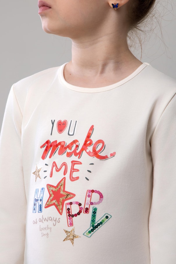 Kız Çocuk Pamuklu Bisiklet Yaka Happy Baskılı Uzun Kollu Pijama Takımı 9249 VIZON