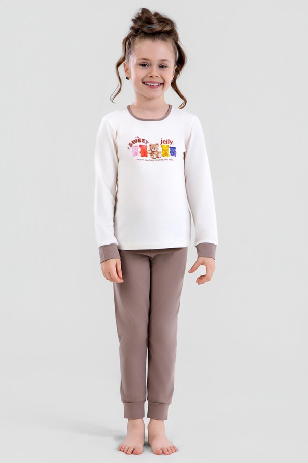 Kız Çocuk Pamuklu Bisiklet Yaka Jelly Ayıcık Baskılı Uzun Kollu Pijama Takımı 9250 VIZON