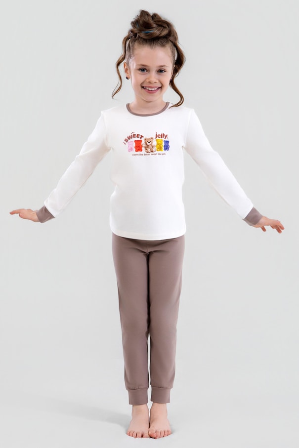 Kız Çocuk Pamuklu Bisiklet Yaka Jelly Ayıcık Baskılı Uzun Kollu Pijama Takımı 9250 VIZON
