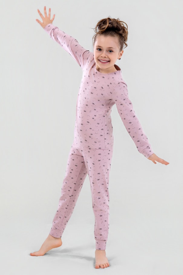 Kız Çocuk Pamuklu Bisiklet Yaka Kelebek Baskılı Uzun Kollu Pijama Takımı 9247 Pembe