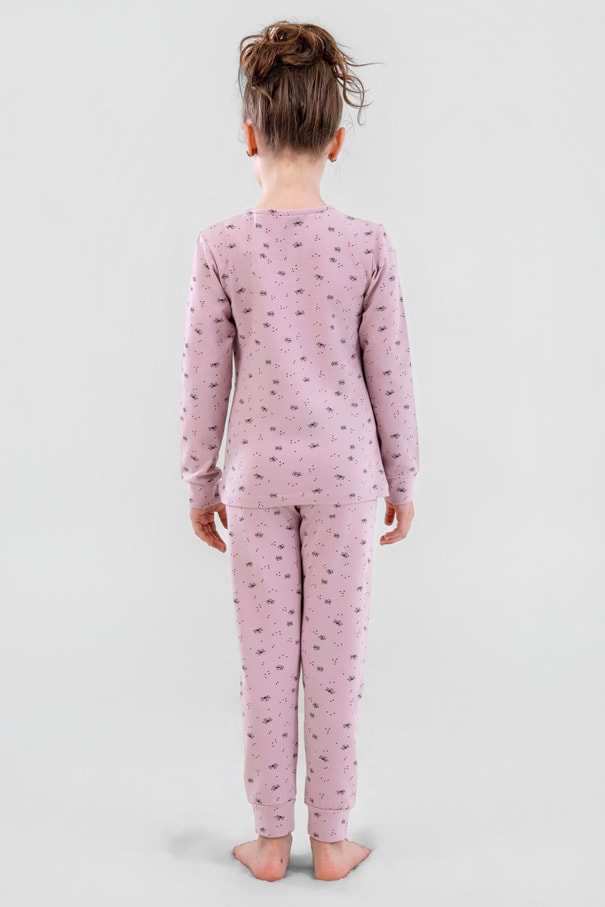 Kız Çocuk Pamuklu Bisiklet Yaka Kelebek Baskılı Uzun Kollu Pijama Takımı 9247 Pembe