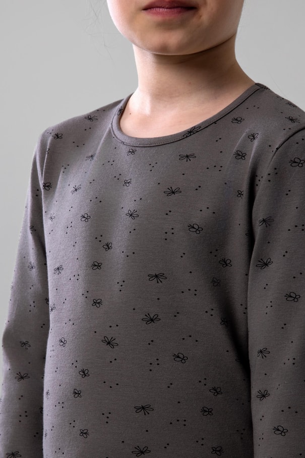 Kız Çocuk Pamuklu Bisiklet Yaka Kelebek Baskılı Uzun Kollu Pijama Takımı 9247 Füme