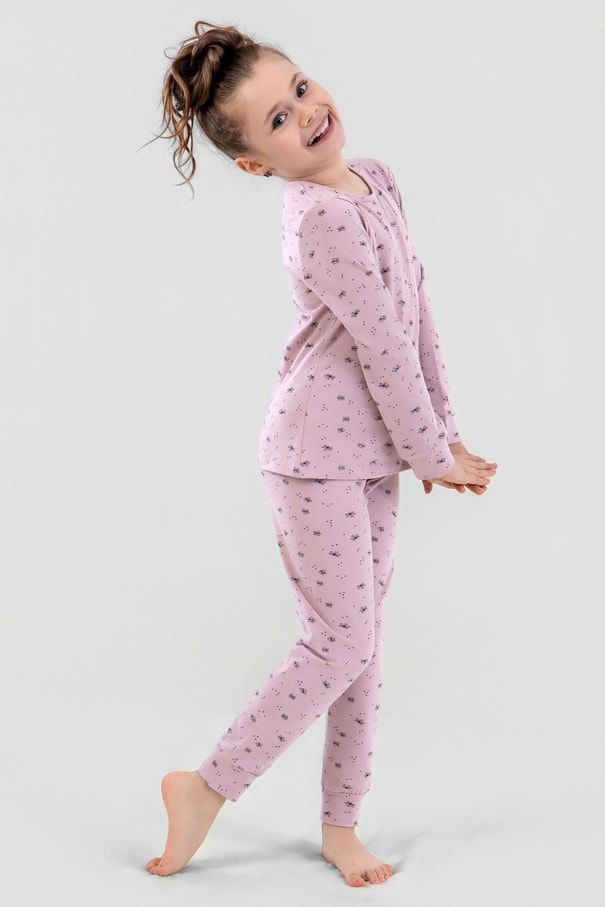 Kız Çocuk Pamuklu Bisiklet Yaka Kelebek Baskılı Uzun Kollu Pijama Takımı 9247 Pembe