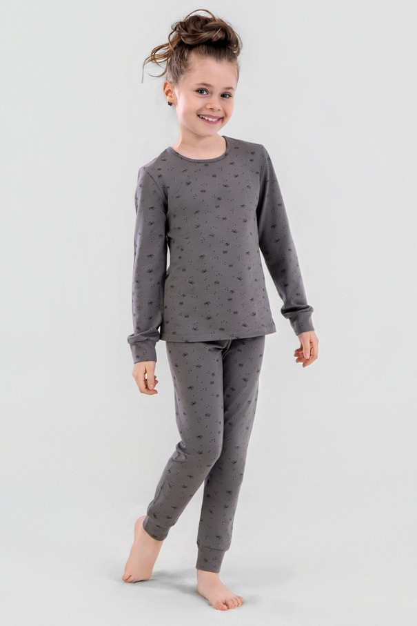 Kız Çocuk Pamuklu Bisiklet Yaka Kelebek Baskılı Uzun Kollu Pijama Takımı 9247 Füme