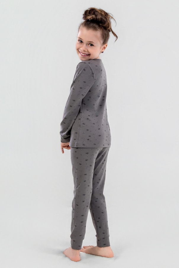 Kız Çocuk Pamuklu Bisiklet Yaka Kelebek Baskılı Uzun Kollu Pijama Takımı 9247 Füme