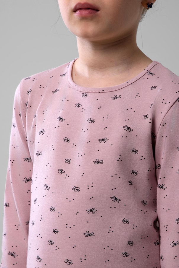 Kız Çocuk Pamuklu Bisiklet Yaka Kelebek Baskılı Uzun Kollu Pijama Takımı 9247 Pembe