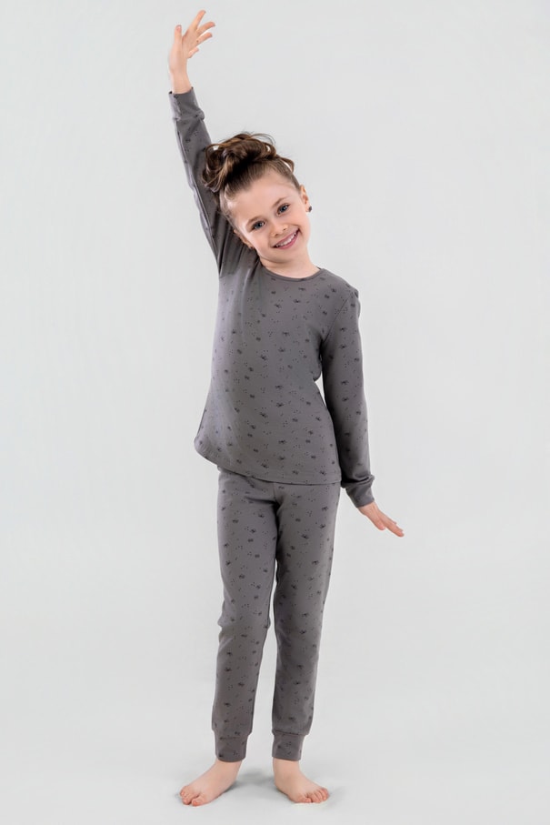Kız Çocuk Pamuklu Bisiklet Yaka Kelebek Baskılı Uzun Kollu Pijama Takımı 9247 Füme