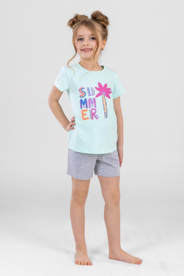 Kız Çocuk Pamuklu Bisiklet Yaka Kısa Kollu Baskılı Şortlu Pijama Takımı 9243 Yeşil