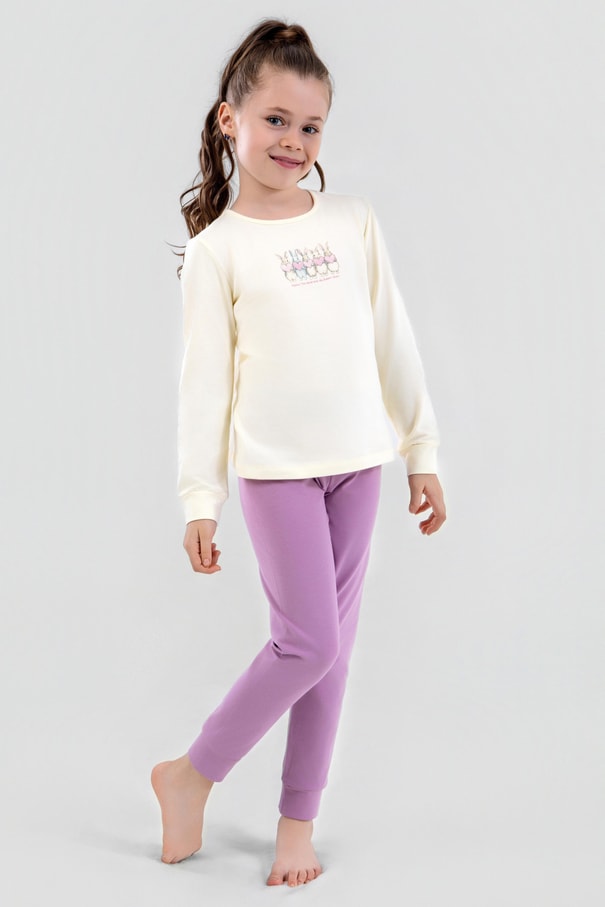 Kız Çocuk Pamuklu Bisiklet Yaka Tavşan Baskılı Uzun Kollu Pijama Takımı 9246 Lila