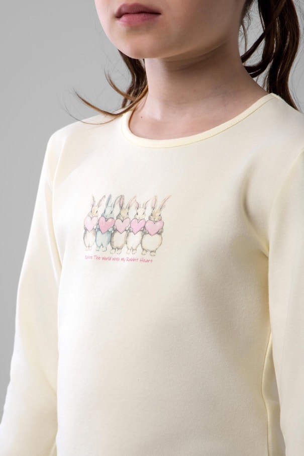 Kız Çocuk Pamuklu Bisiklet Yaka Tavşan Baskılı Uzun Kollu Pijama Takımı 9246 Lila