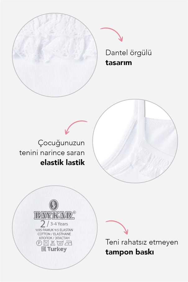 Kız Çocuk  Pamuklu İnce İp Askılı Fırfırlı Düz Klasik Atlet 3'lü Paket Beyaz