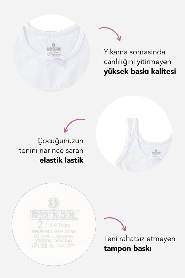 Kız Çocuk Pamuklu Kalın Askılı Kurdela Detaylı Yarım Atlet 3'lü Paket 4768 Beyaz