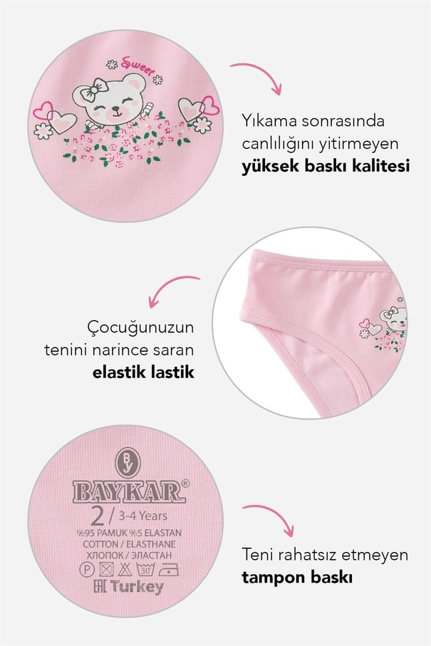 Kız Çocuk Pamuklu Renkli Baskılı Bikini Külot 3'lü Paket 5674 Renkli