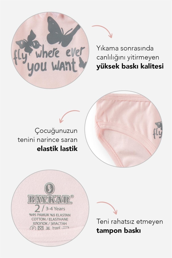 Kız Çocuk Pamuklu Renkli Baskılı Fiyonk Detaylı Bikini Külot 3'lü Paket Pembe