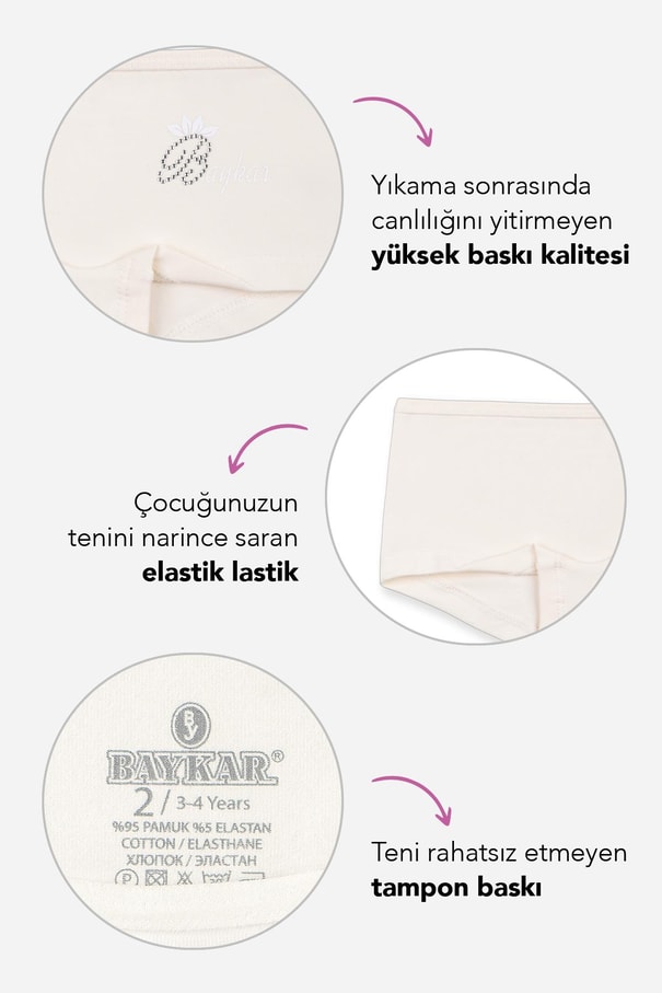Kız Çocuk Pamuklu Renkli Baskılı Likralı Boxer 3'lü Paket 5390 Renkli