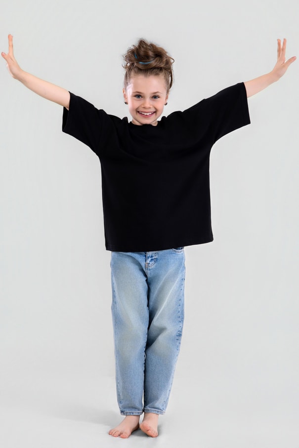 Unisex Çocuk Bisiklet Yaka Kısa Kol %100 Pamuk Oversize Tişört Siyah