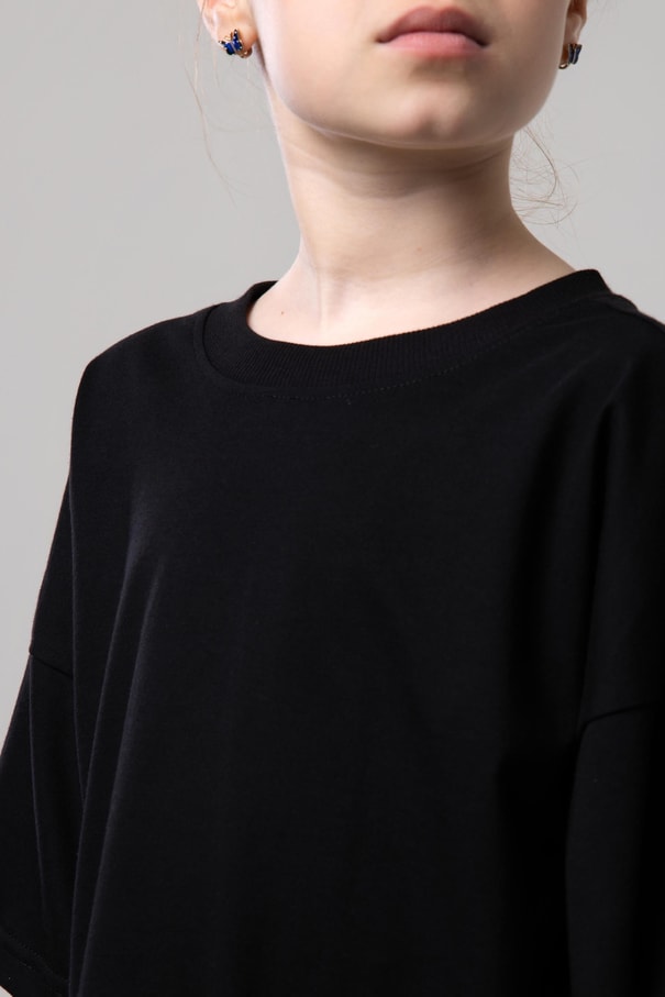 Unisex Çocuk Bisiklet Yaka Kısa Kol %100 Pamuk Oversize Tişört Siyah